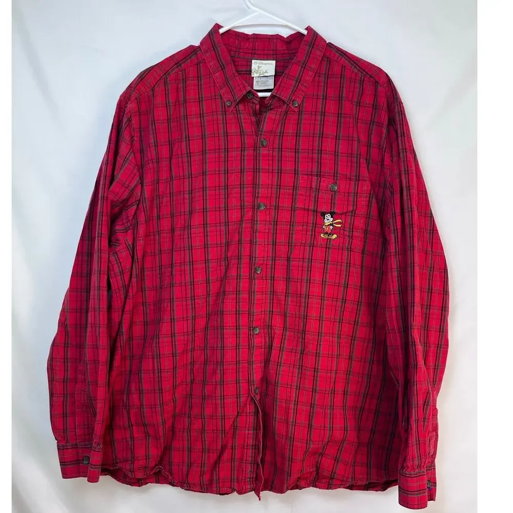 Disney Store Men's Red Plaid Button Down Lightweight Shirt - XL
